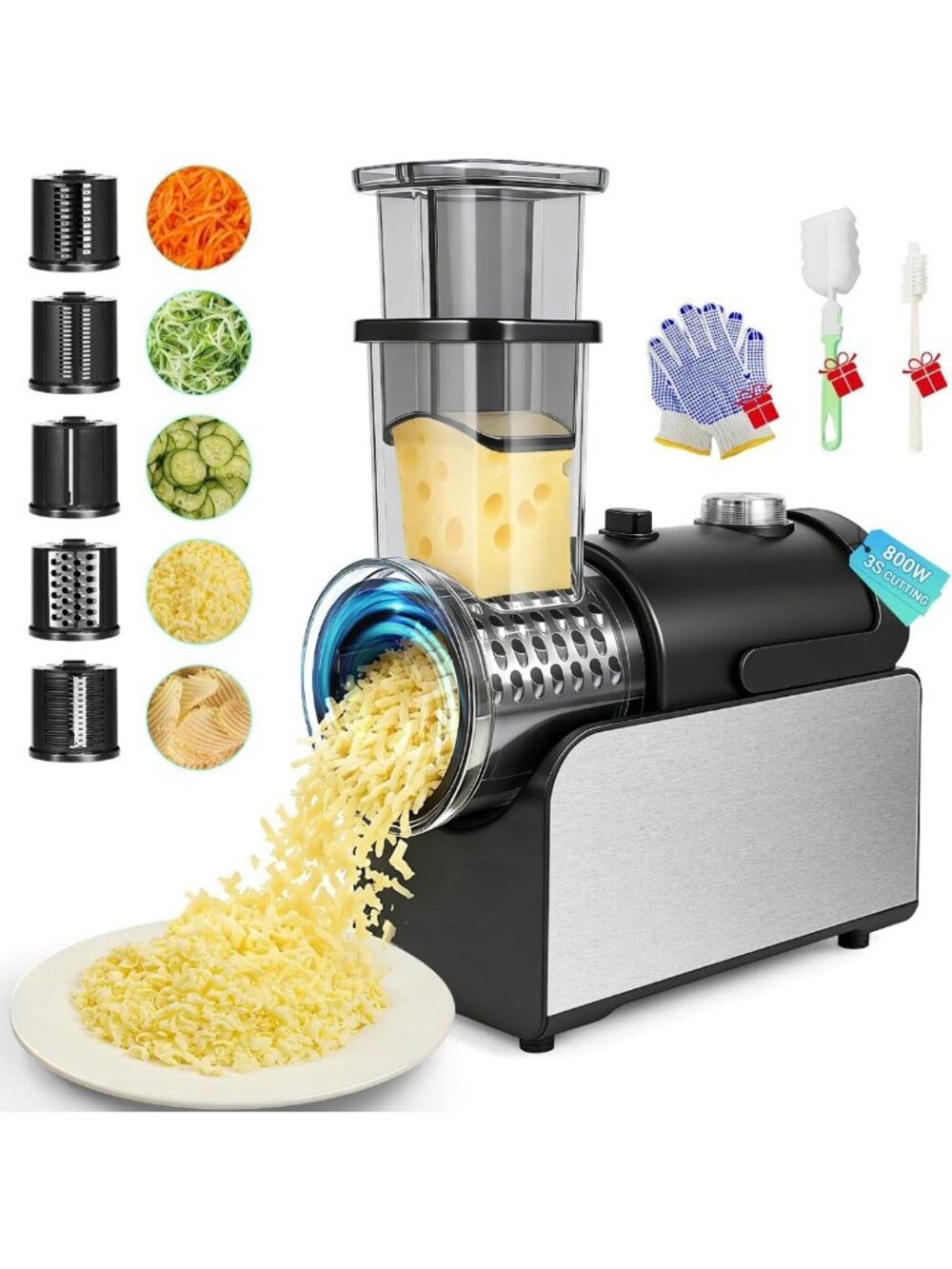 Versatile 5-in-1 Electric Cheese Grater - Stainless Steel, 800W, Fast Cutting!
